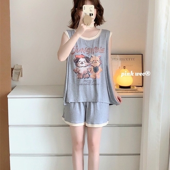 Set de pijamale din modal cu imprimeu cartoon pisică și câine, cu pernă pentru sân — top fără mâneci și șort, guler rotund