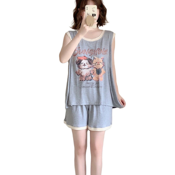 Set de pijamale din modal cu imprimeu cartoon pisică și câine, cu pernă pentru sân — top fără mâneci și șort, guler rotund
