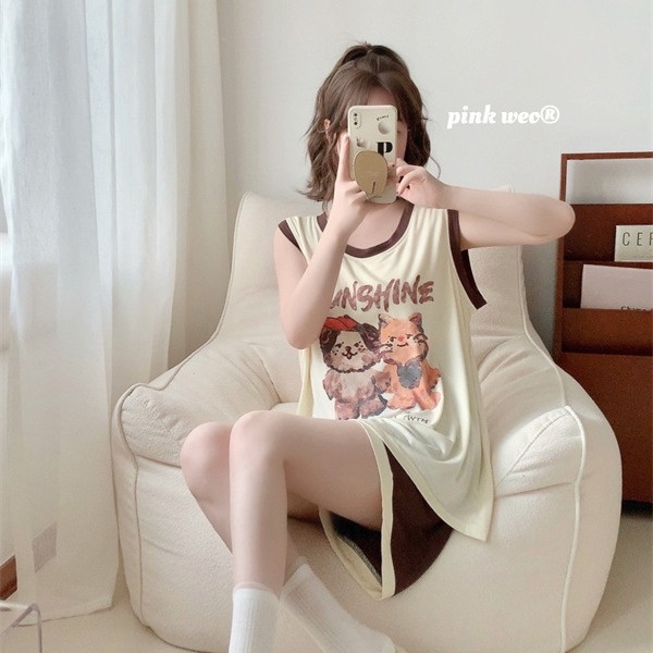 Set de pijamale din modal cu imprimeu cartoon pisică și câine, cu pernă pentru sân — top fără mâneci și șort, guler rotund