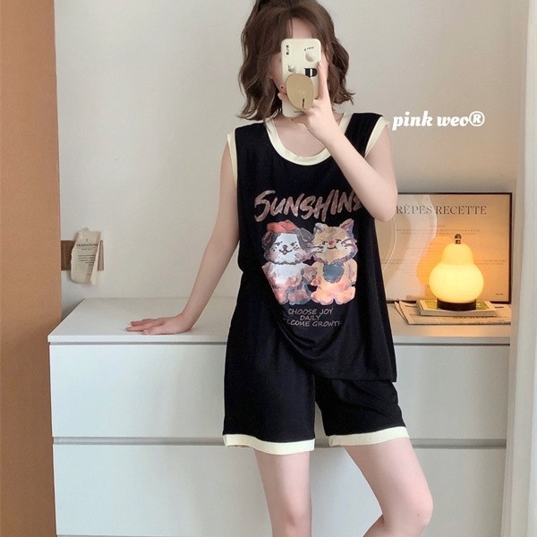 Set de pijamale din modal cu imprimeu cartoon pisică și câine, cu pernă pentru sân — top fără mâneci și șort, guler rotund