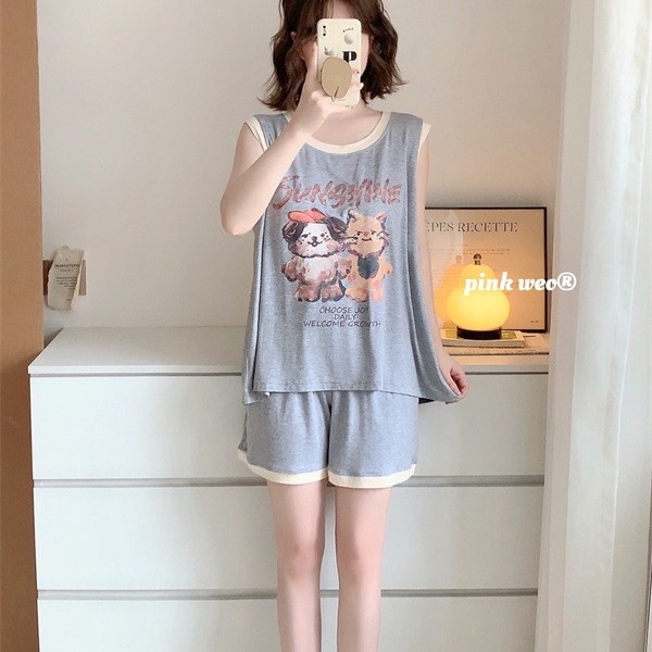Set de pijamale din modal cu imprimeu cartoon pisică și câine, cu pernă pentru sân — top fără mâneci și șort, guler rotund