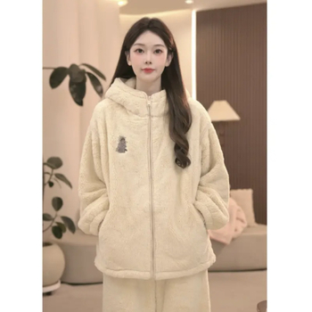 Set de pijamale pentru femei cu temă urs – fleece coral, îngroșat, cu glugă și fermoar, mâneci lungi, 251-300 g/m², 100% poliester, stil zână, iarnă și toamnă