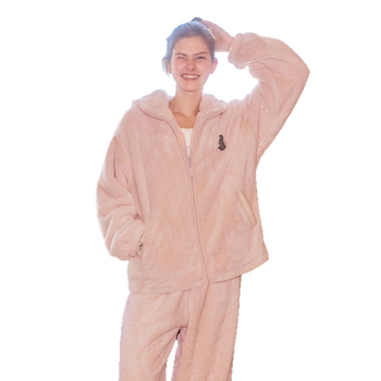 Set de pijamale pentru femei cu temă urs – fleece coral, îngroșat, cu glugă și fermoar, mâneci lungi, 251-300 g/m², 100% poliester, stil zână, iarnă și toamnă