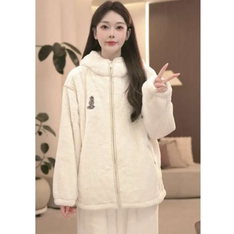 Set de pijamale pentru femei cu temă urs – fleece coral, îngroșat, cu glugă și fermoar, mâneci lungi, 251-300 g/m², 100% poliester, stil zână, iarnă și toamnă