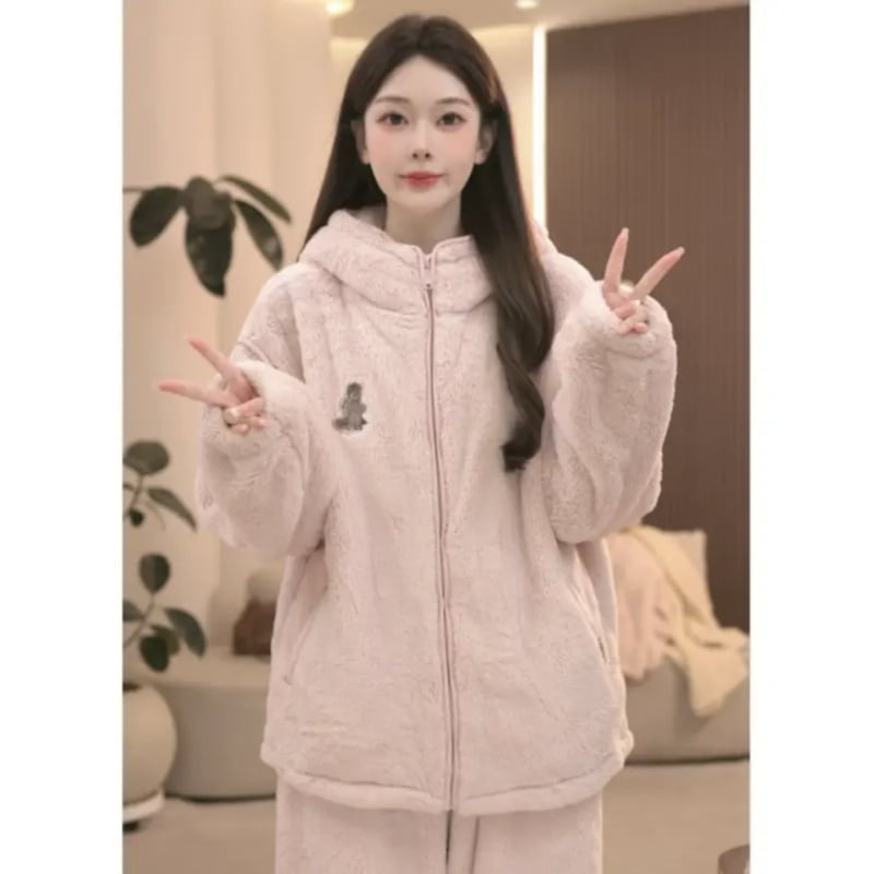 Set de pijamale pentru femei cu temă urs – fleece coral, îngroșat, cu glugă și fermoar, mâneci lungi, 251-300 g/m², 100% poliester, stil zână, iarnă și toamnă