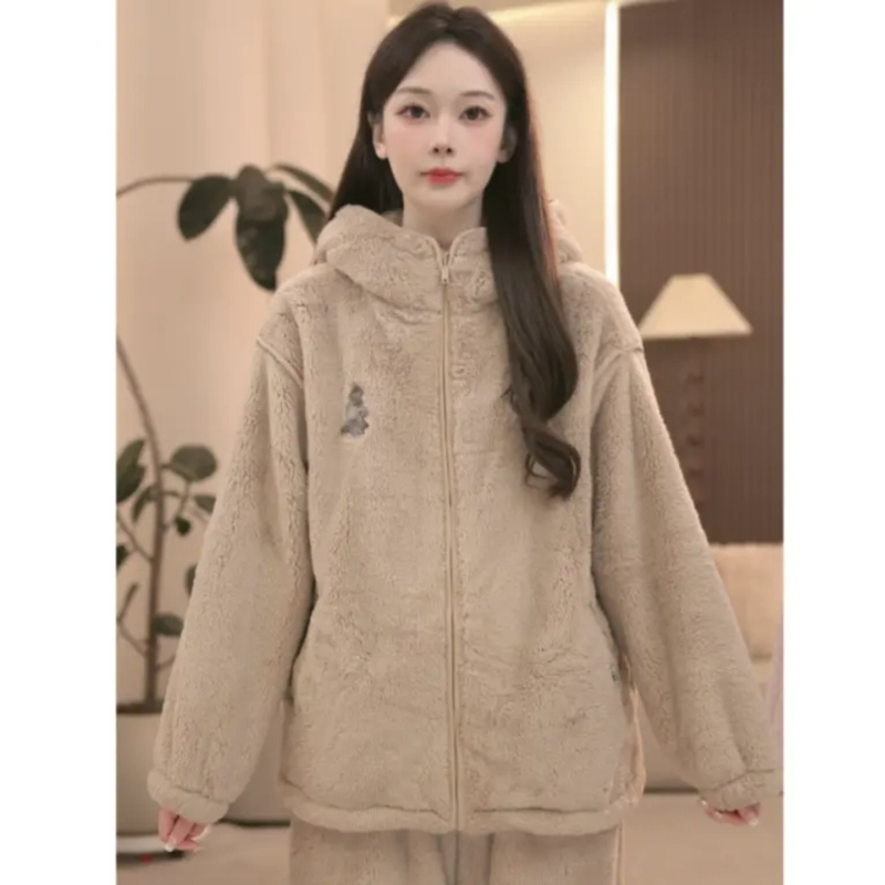 Set de pijamale pentru femei cu temă urs – fleece coral, îngroșat, cu glugă și fermoar, mâneci lungi, 251-300 g/m², 100% poliester, stil zână, iarnă și toamnă