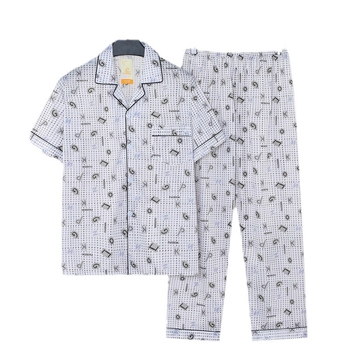 Set de pijamale masculin de vară — top cu rever și mâneci scurte, pantaloni, amestec din bumbac 60% bumbac, ușor, respirabil, confortabil pentru acasă