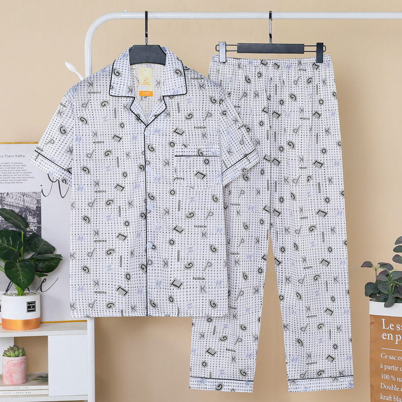 Set de pijamale masculin de vară — top cu rever și mâneci scurte, pantaloni, amestec din bumbac 60% bumbac, ușor, respirabil, confortabil pentru acasă