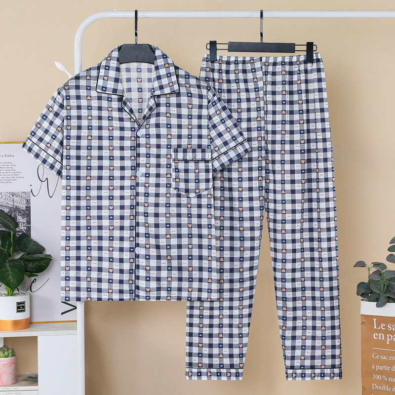Set de pijamale masculin de vară — top cu rever și mâneci scurte, pantaloni, amestec din bumbac 60% bumbac, ușor, respirabil, confortabil pentru acasă