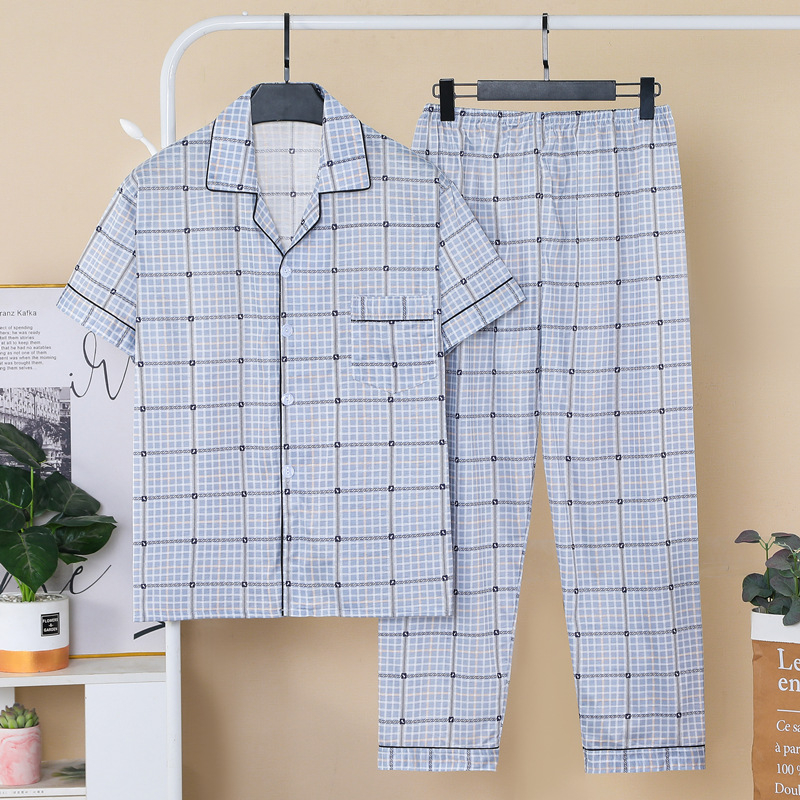 Set de pijamale masculin de vară — top cu rever și mâneci scurte, pantaloni, amestec din bumbac 60% bumbac, ușor, respirabil, confortabil pentru acasă