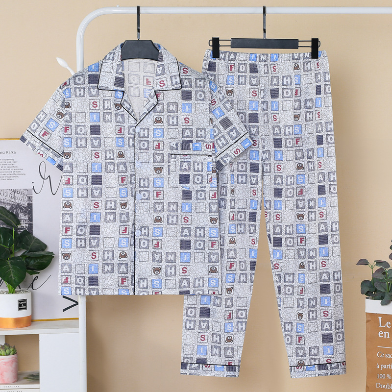 Set de pijamale masculin de vară — top cu rever și mâneci scurte, pantaloni, amestec din bumbac 60% bumbac, ușor, respirabil, confortabil pentru acasă