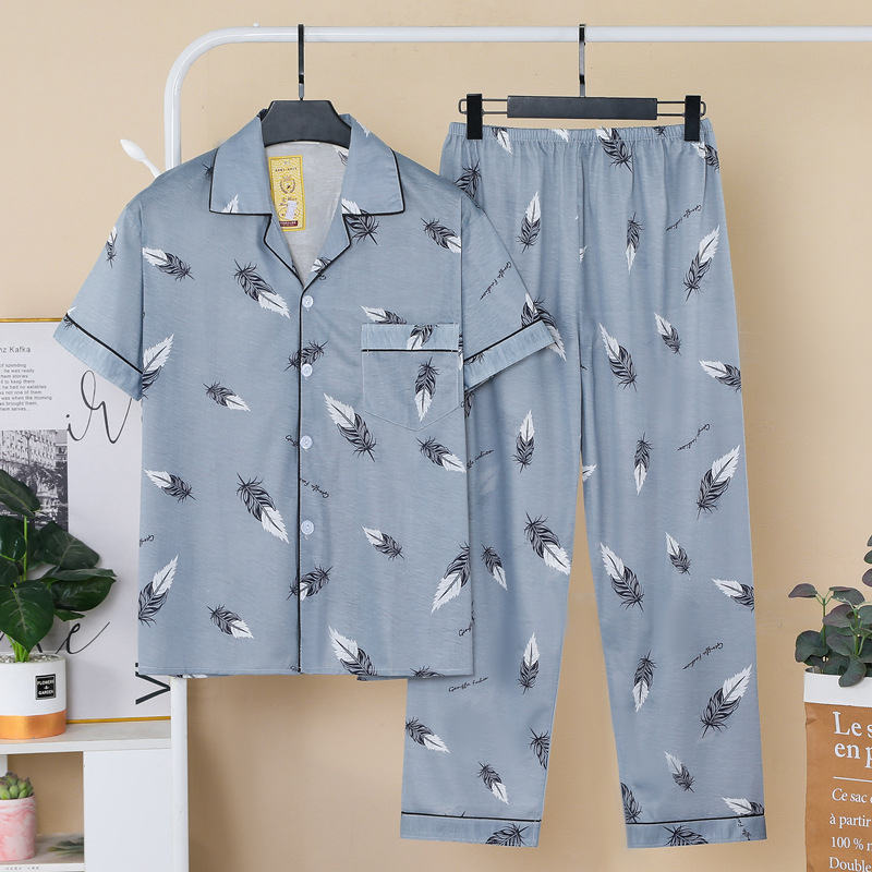 Set de pijamale masculin de vară — top cu rever și mâneci scurte, pantaloni, amestec din bumbac 60% bumbac, ușor, respirabil, confortabil pentru acasă