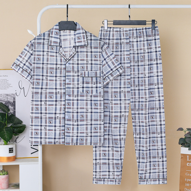 Set de pijamale masculin de vară — top cu rever și mâneci scurte, pantaloni, amestec din bumbac 60% bumbac, ușor, respirabil, confortabil pentru acasă