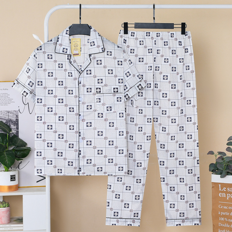 Set de pijamale masculin de vară — top cu rever și mâneci scurte, pantaloni, amestec din bumbac 60% bumbac, ușor, respirabil, confortabil pentru acasă