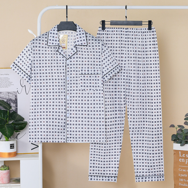 Set de pijamale masculin de vară — top cu rever și mâneci scurte, pantaloni, amestec din bumbac 60% bumbac, ușor, respirabil, confortabil pentru acasă