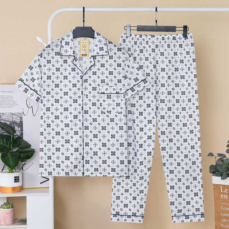 Set de pijamale masculin de vară — top cu rever și mâneci scurte, pantaloni, amestec din bumbac 60% bumbac, ușor, respirabil, confortabil pentru acasă