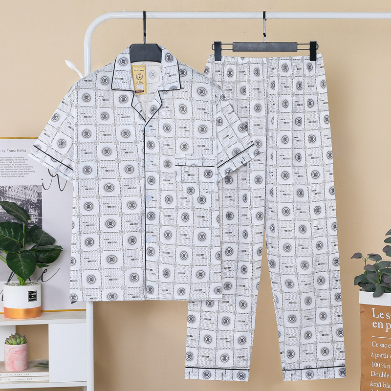 Set de pijamale masculin de vară — top cu rever și mâneci scurte, pantaloni, amestec din bumbac 60% bumbac, ușor, respirabil, confortabil pentru acasă