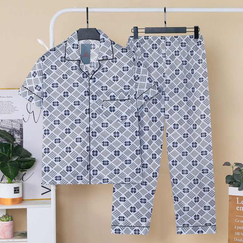 Set de pijamale masculin de vară — top cu rever și mâneci scurte, pantaloni, amestec din bumbac 60% bumbac, ușor, respirabil, confortabil pentru acasă