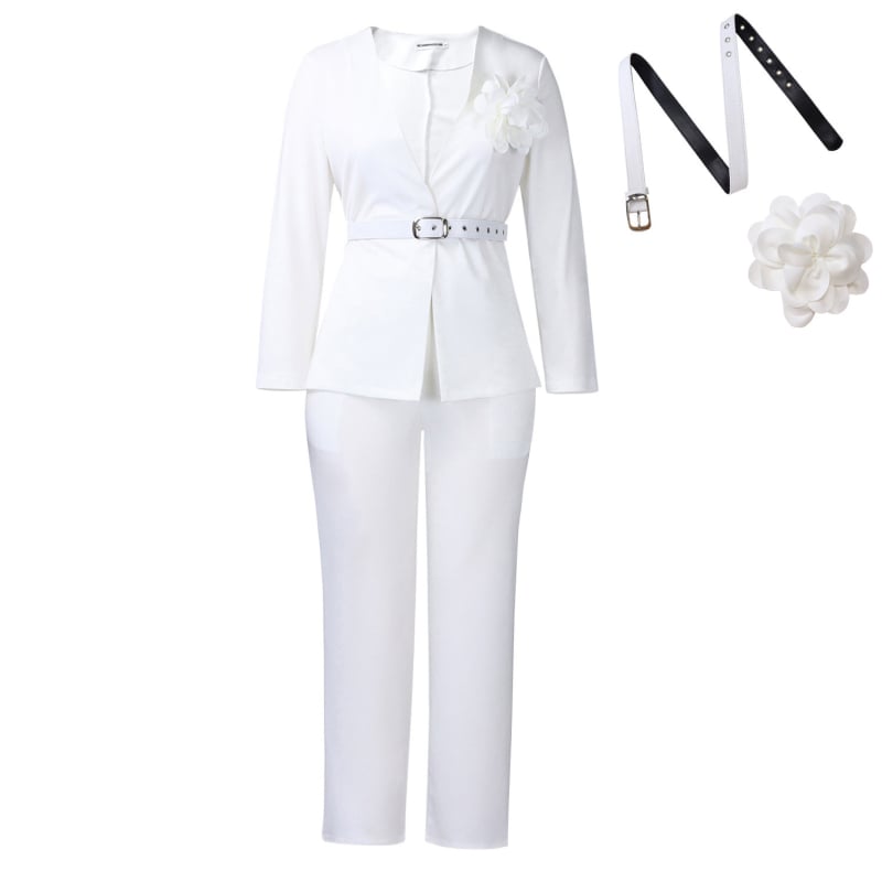 Costum damă două piese pantaloni sacou, culoare solidă, poliester 90–95% material principal, mâneci lungi, stil elegant de birou, detalii florale 3D, toamnă 2025