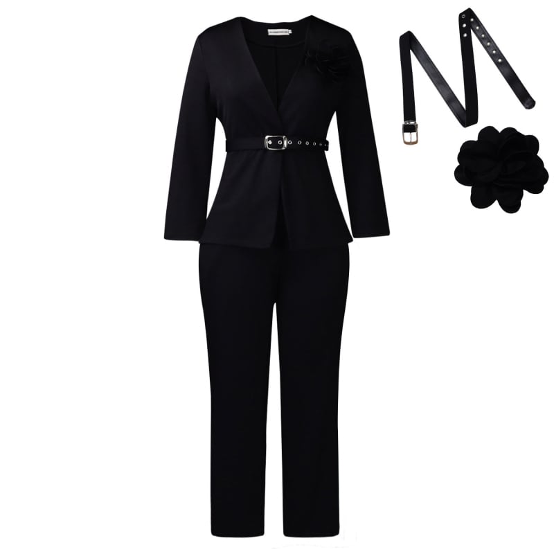 Costum damă două piese pantaloni sacou, culoare solidă, poliester 90–95% material principal, mâneci lungi, stil elegant de birou, detalii florale 3D, toamnă 2025