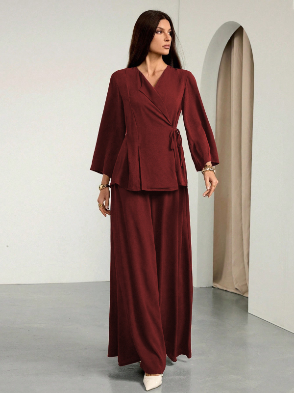 Costum femei din două piese cu pantaloni — Top cardigan cu decolteu în V și șnur în talie, mâneci ¾, material poliester-spandex