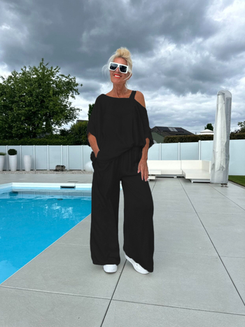 Set casual de damă din două piese: bluză cu guler neregulat și pantaloni, poliester-elastan, fără călcare, toamnă 2025