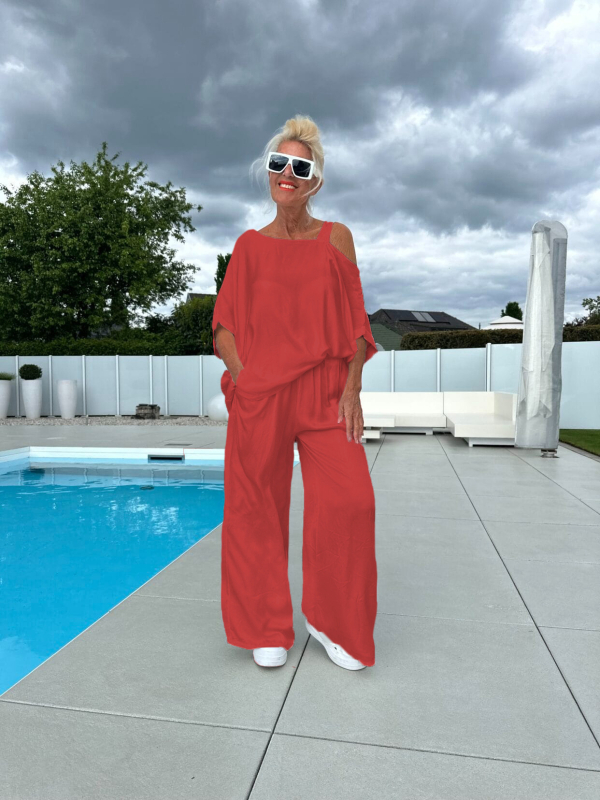 Set casual de damă din două piese: bluză cu guler neregulat și pantaloni, poliester-elastan, fără călcare, toamnă 2025