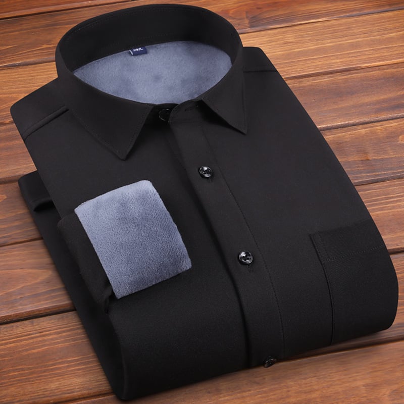 Cămașă pentru bărbați cu căptușeală de fleece și construcție groasă, mânecă lungă, guler drept, decor la buzunar, fără călcare