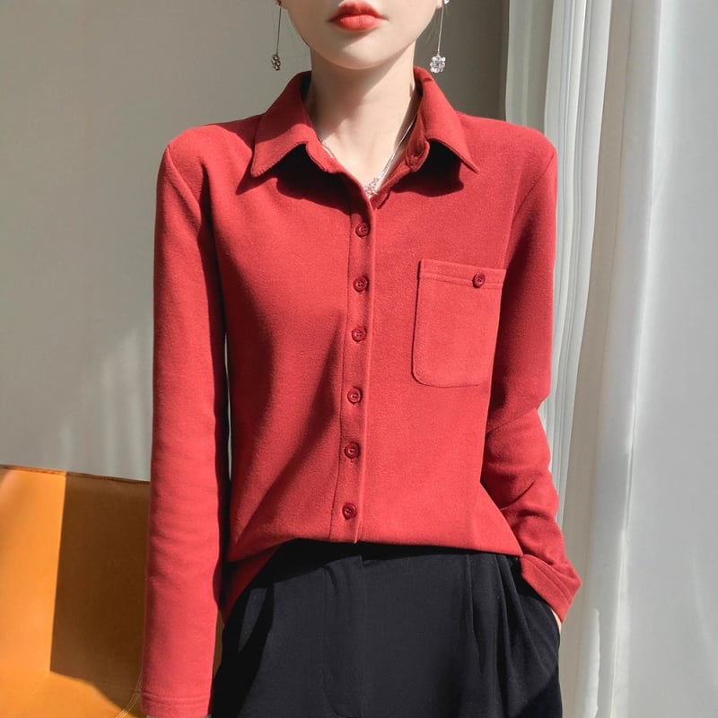 Derong harjatud särk krae, pikad varrukad, ühe nööpiga plokk, polüester 30-50%