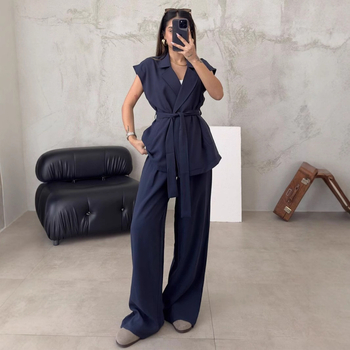 Set two-piece pentru femei: costum pantaloni casual minimalist, top fără mâneci și pantaloni largi, poliester, uni, primavara 2025