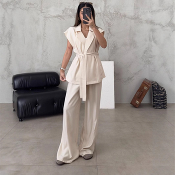 Set two-piece pentru femei: costum pantaloni casual minimalist, top fără mâneci și pantaloni largi, poliester, uni, primavara 2025