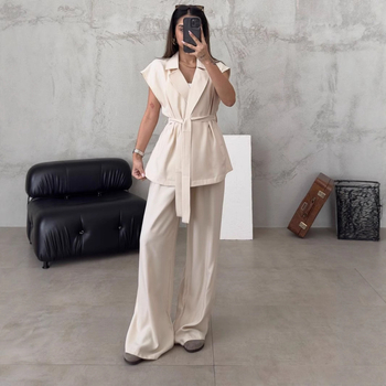 Set two-piece pentru femei: costum pantaloni casual minimalist, top fără mâneci și pantaloni largi, poliester, uni, primavara 2025