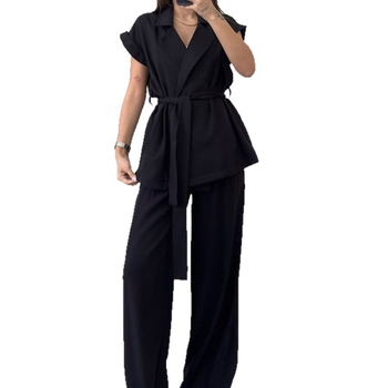 Set two-piece pentru femei: costum pantaloni casual minimalist, top fără mâneci și pantaloni largi, poliester, uni, primavara 2025