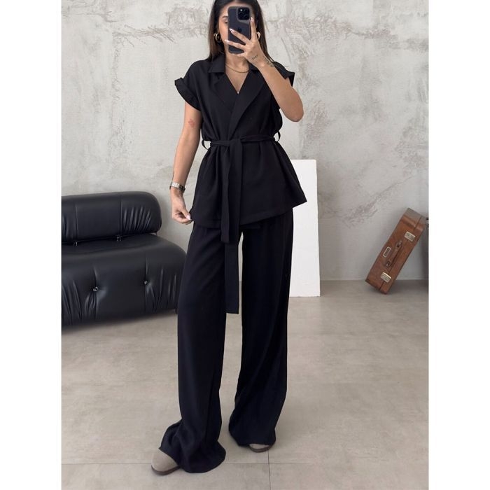 Set two-piece pentru femei: costum pantaloni casual minimalist, top fără mâneci și pantaloni largi, poliester, uni, primavara 2025