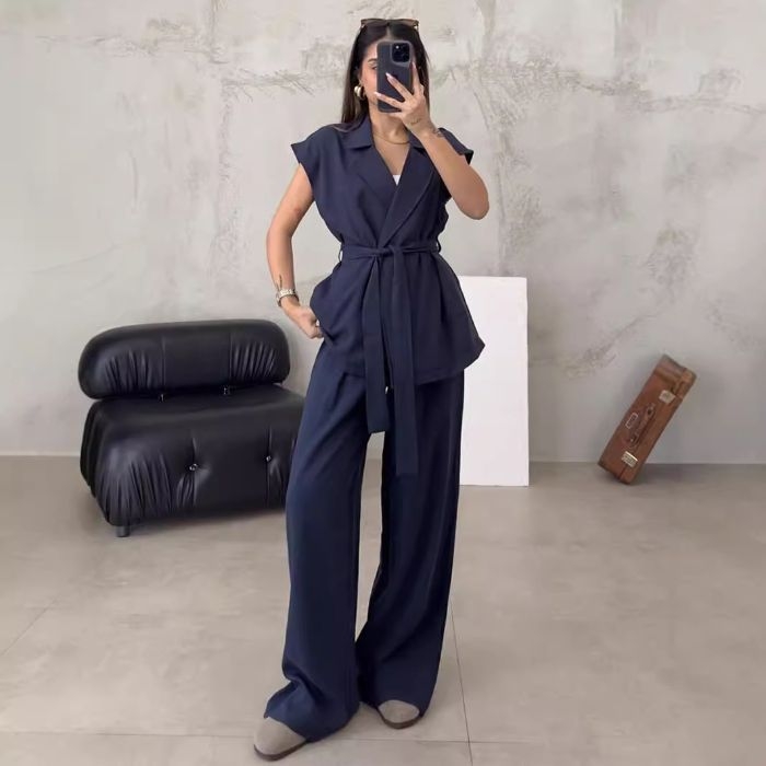 Set two-piece pentru femei: costum pantaloni casual minimalist, top fără mâneci și pantaloni largi, poliester, uni, primavara 2025