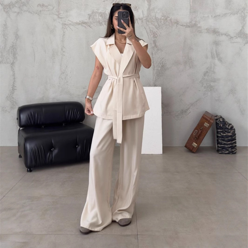 Set two-piece pentru femei: costum pantaloni casual minimalist, top fără mâneci și pantaloni largi, poliester, uni, primavara 2025