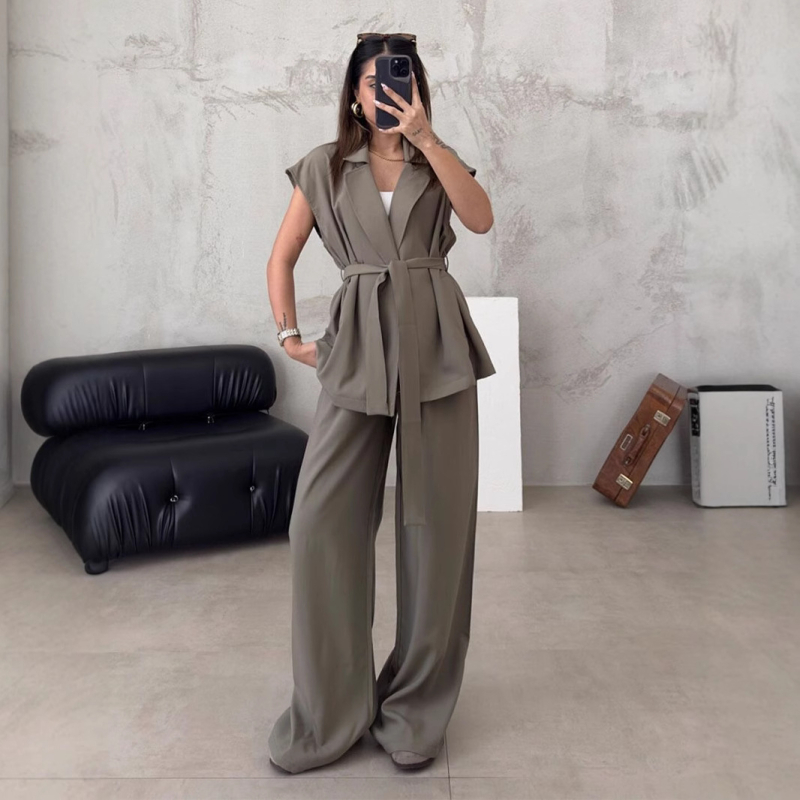 Set two-piece pentru femei: costum pantaloni casual minimalist, top fără mâneci și pantaloni largi, poliester, uni, primavara 2025