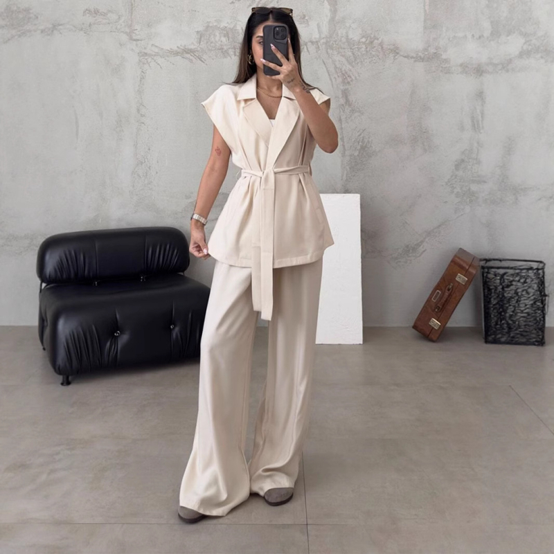 Set two-piece pentru femei: costum pantaloni casual minimalist, top fără mâneci și pantaloni largi, poliester, uni, primavara 2025