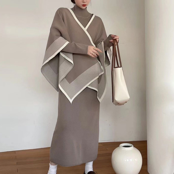 Costum casual cu fustă, material din bumbac, mâneci lungi în stil prințesă, fustă lungă, toamnă 2024