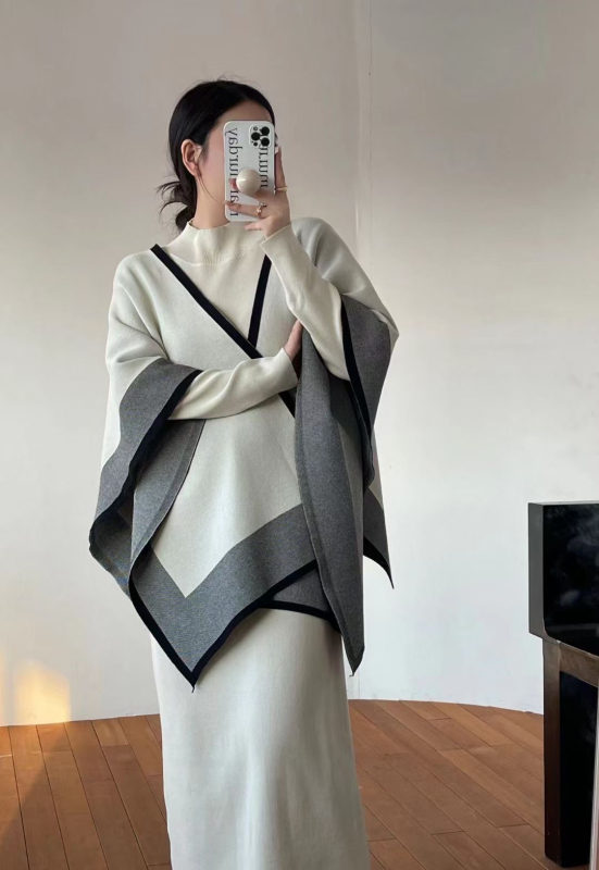 Costum casual cu fustă, material din bumbac, mâneci lungi în stil prințesă, fustă lungă, toamnă 2024