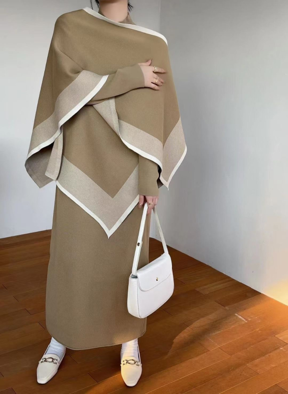 Costum casual cu fustă, material din bumbac, mâneci lungi în stil prințesă, fustă lungă, toamnă 2024