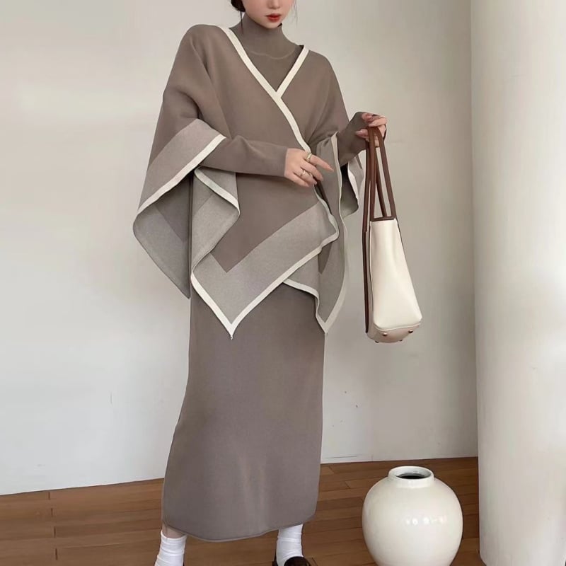 Costum casual cu fustă, material din bumbac, mâneci lungi în stil prințesă, fustă lungă, toamnă 2024