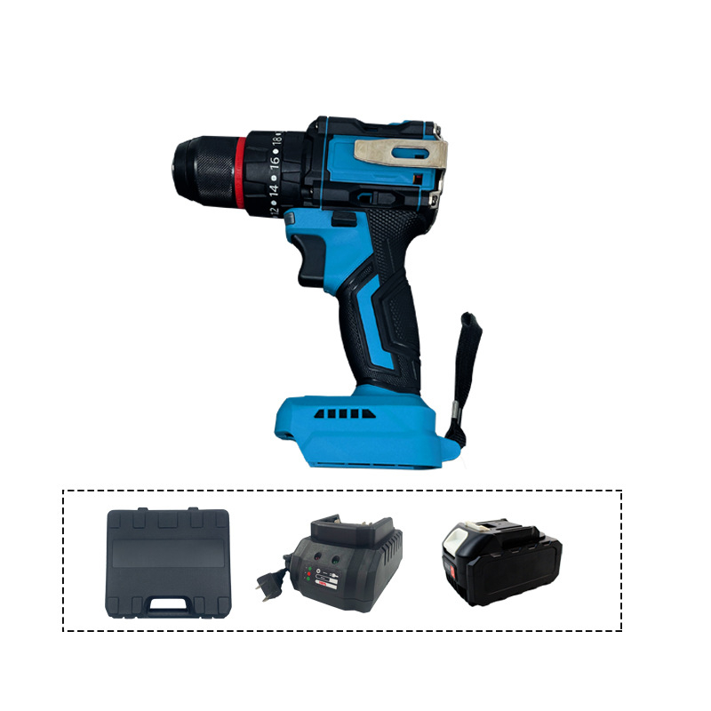 Akkumulátoros ütőfúró kefementes motorral, kampóval – Li-ion akkumulátor, lépésmentes sebességszabályozás, gyorscsatlakozós tok, előre-hátra forgás