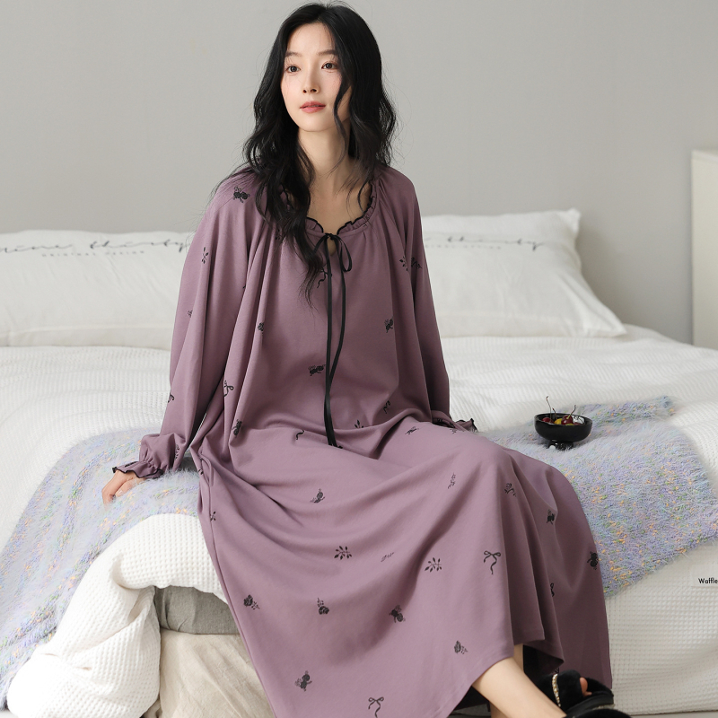 Νυχτικό φόρεμα από 100% βαμβάκι με μακριά μανίκια – στρογγυλός λαιμός, αναπνεύσιμη, μακριά φούστα, κατάλληλο για εξωτερική χρήση, φθινόπωρο 2025, μεγάλα μεγέθη