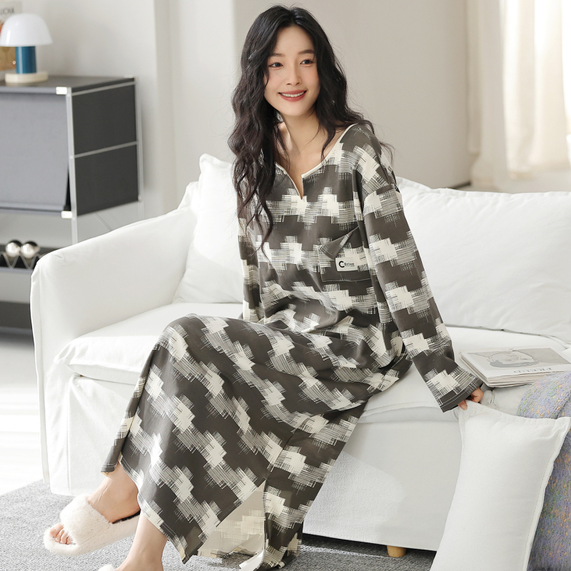 Νυχτικό φόρεμα από 100% βαμβάκι με μακριά μανίκια – στρογγυλός λαιμός, αναπνεύσιμη, μακριά φούστα, κατάλληλο για εξωτερική χρήση, φθινόπωρο 2025, μεγάλα μεγέθη