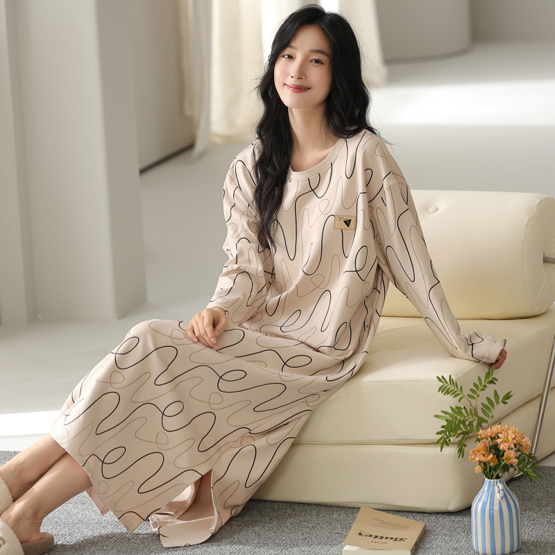 Νυχτικό φόρεμα από 100% βαμβάκι με μακριά μανίκια – στρογγυλός λαιμός, αναπνεύσιμη, μακριά φούστα, κατάλληλο για εξωτερική χρήση, φθινόπωρο 2025, μεγάλα μεγέθη