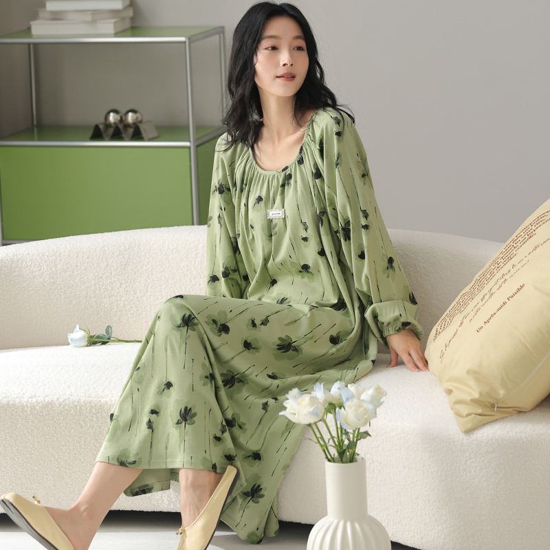 Νυχτικό φόρεμα από 100% βαμβάκι με μακριά μανίκια – στρογγυλός λαιμός, αναπνεύσιμη, μακριά φούστα, κατάλληλο για εξωτερική χρήση, φθινόπωρο 2025, μεγάλα μεγέθη