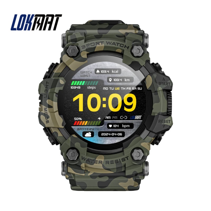 LOKMAT Attack GT smartwatch outdoor cu apelare Bluetooth, busolă încorporată și lanternă; Android compatibil; monitorizare sănătate (ritm cardiac, tensiune arterială, SpO2, somn); încărcare magnetică cu baterie de 300 mAh