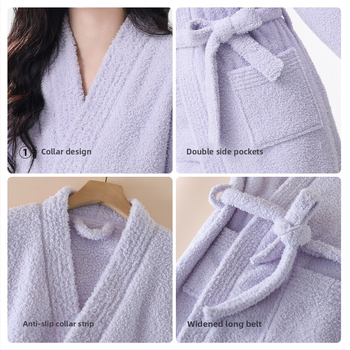 Set de halat lung pentru toamnă-iarnă, din semi-catifea, căptușit cu fleece coral, grosime 251–300 g/m², decolteu în V, mâneci lungi