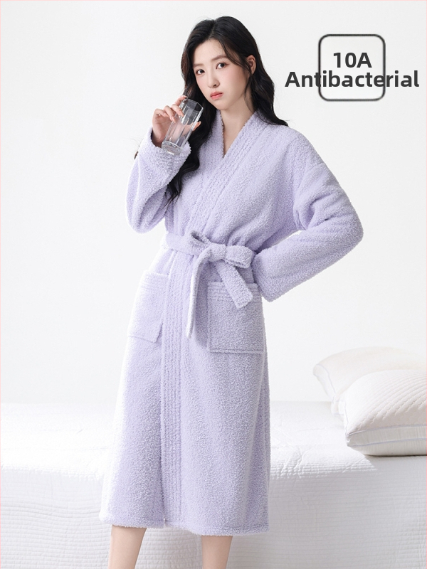 Set de halat lung pentru toamnă-iarnă, din semi-catifea, căptușit cu fleece coral, grosime 251–300 g/m², decolteu în V, mâneci lungi